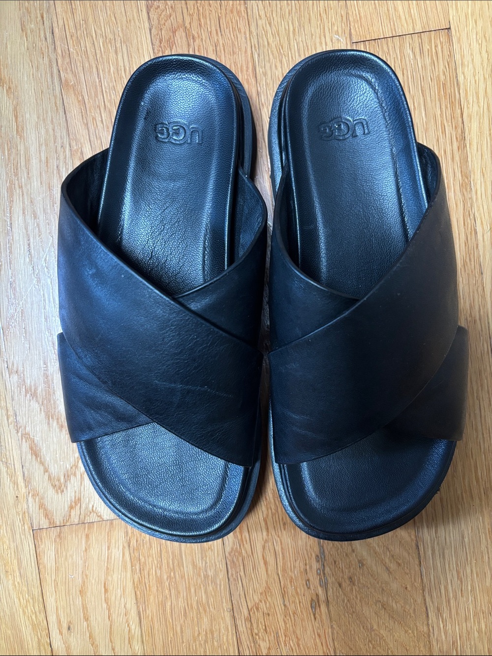 UGG Women's Black Leather Crisscross Slide Sandals